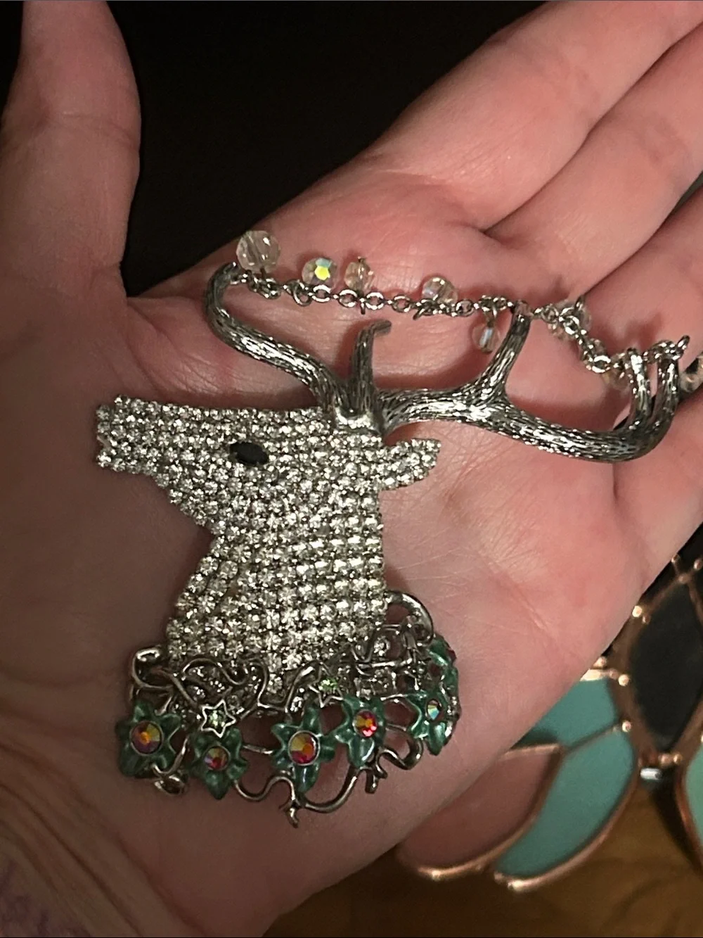 Kirks Folly Silver-tone Crystal Stag Brooch with Green Enamel Flowers